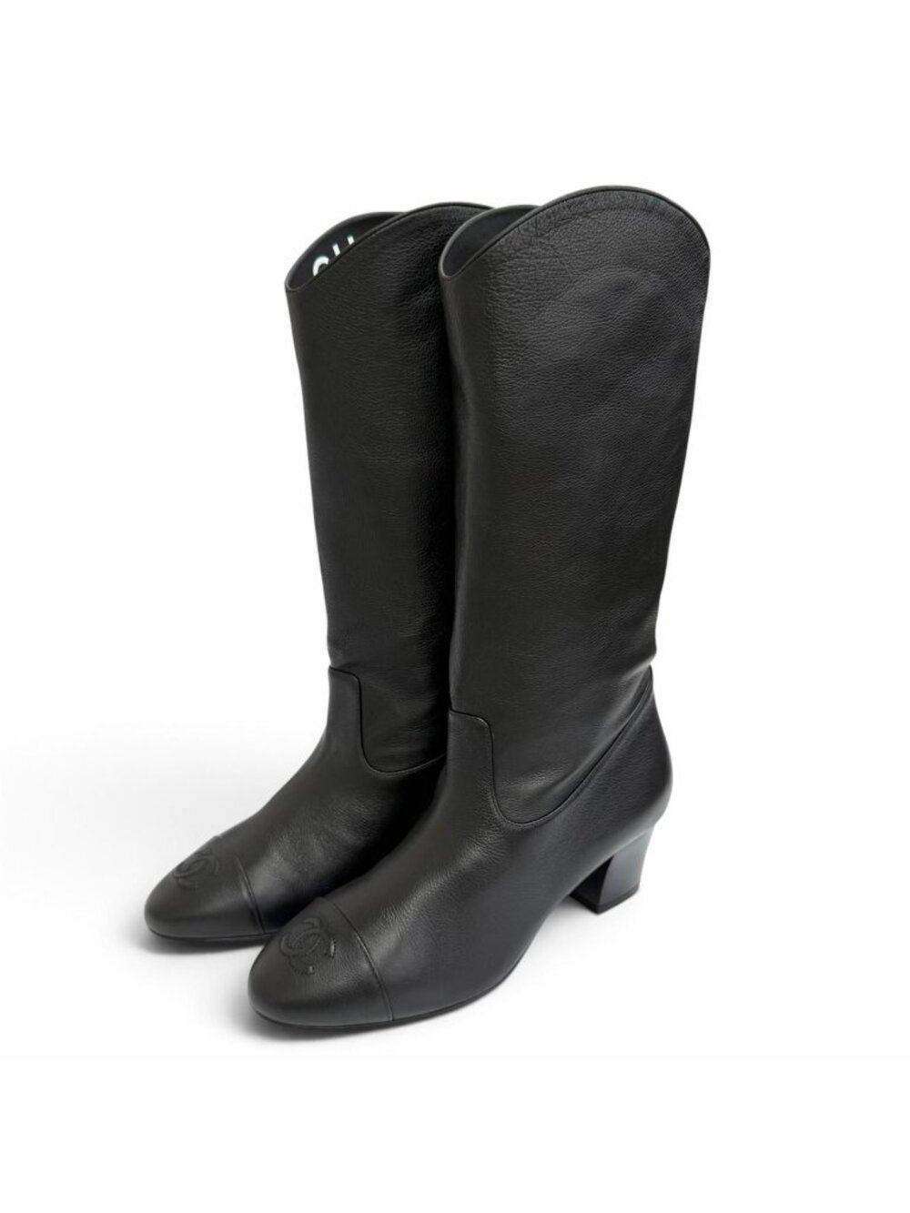 Chanel CC Logo Stitch Middle Leather Boots Jockey Black